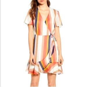 ALL IN FAVOR STRIPED WRAP DRESS. XS